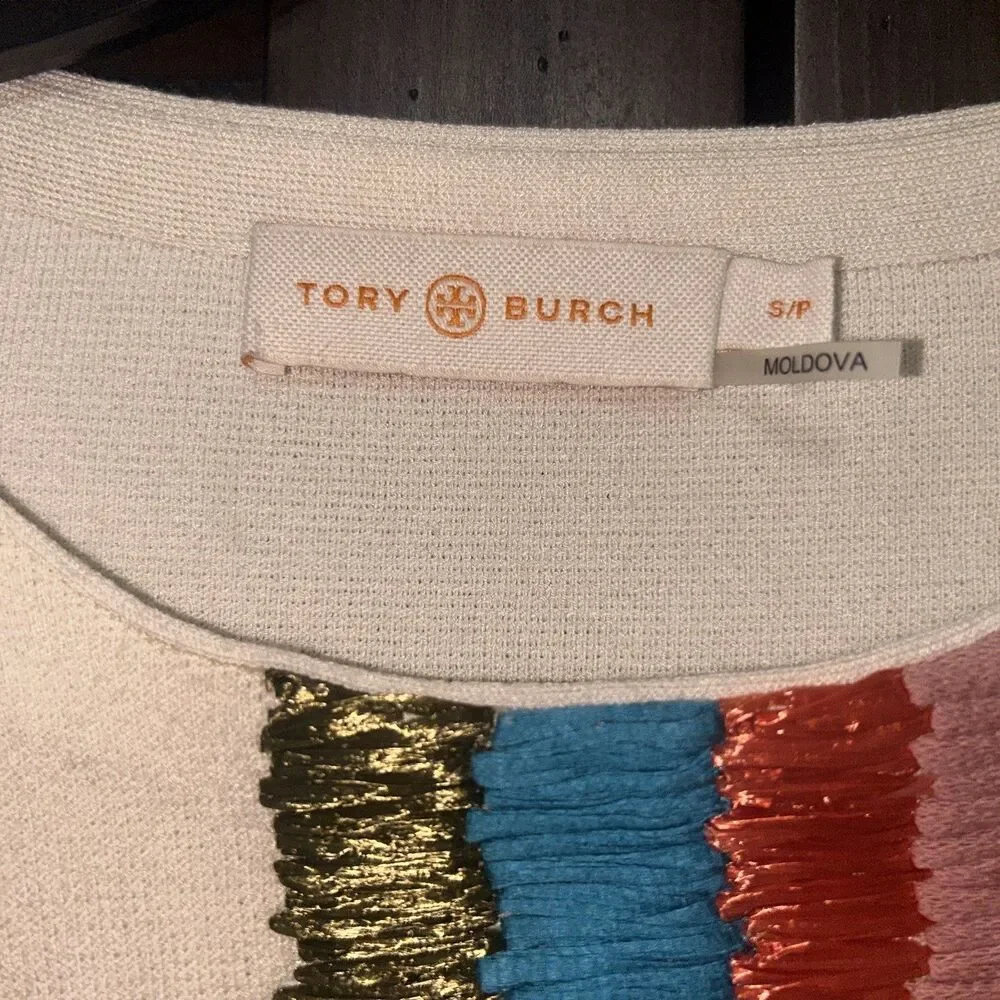 Tory Burch Top Sz Small S/P Cream Embroidered Stripe Silk Blend Color Pop Career